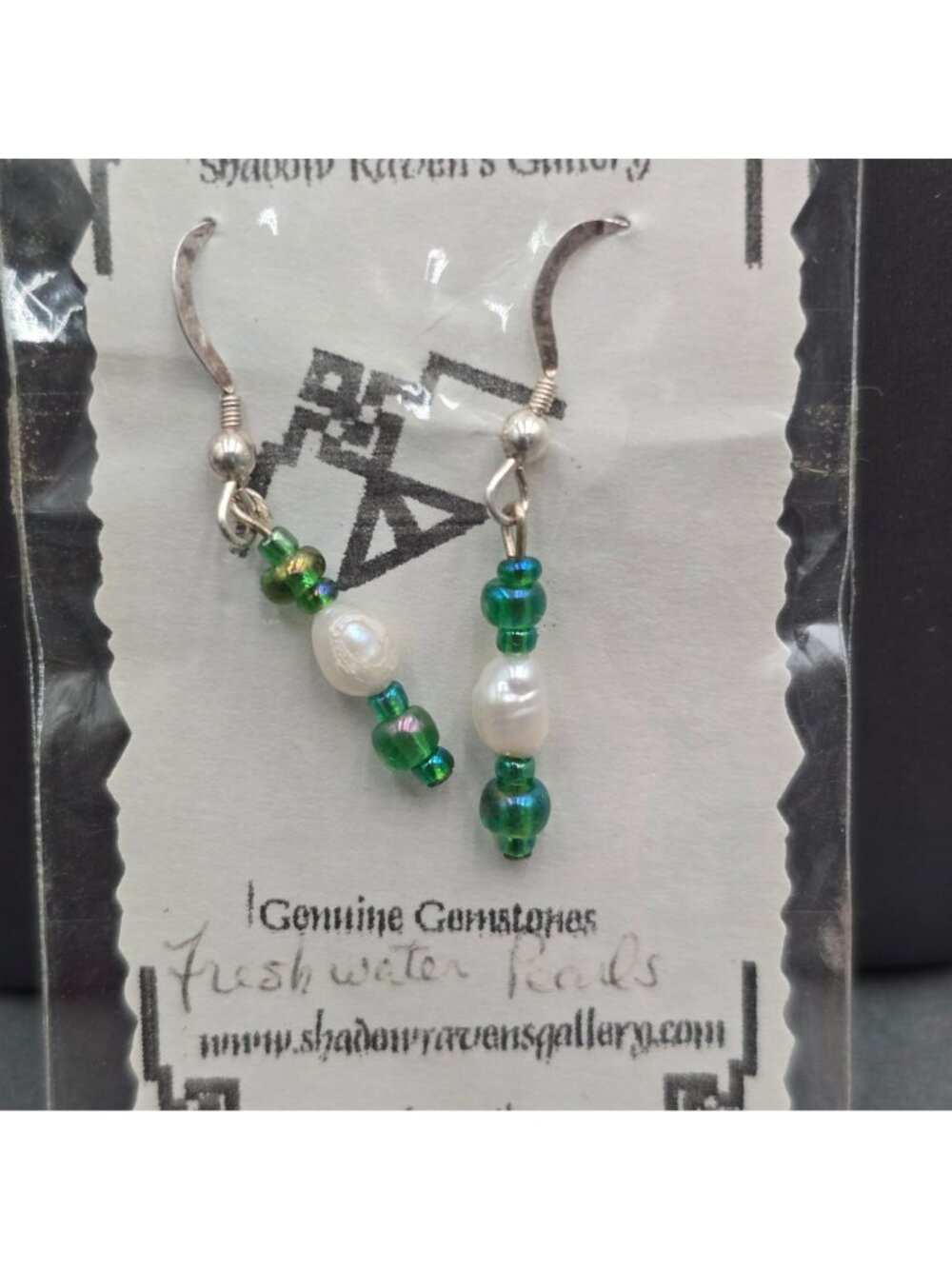 Handcrafted Sterling Silver Freshwater Pearl Green Glass Dangle Earrings 1.5" - Picture 2 of 6